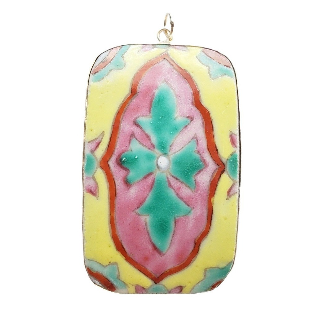 Vintage Handpainted Ceramic Talavera Tile Pendant Big Bold Pink Teal Yellow